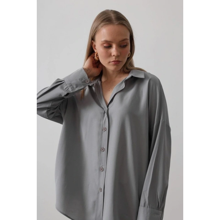 Geniş Manşet Detaylı Gömlek  Gri