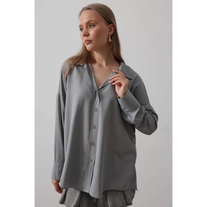 Geniş Manşet Detaylı Gömlek  Gri