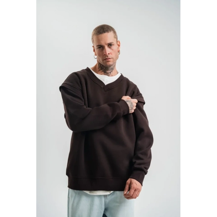 Geniş V Yaka Kol Ribana Detaylı weathirt  Kahve