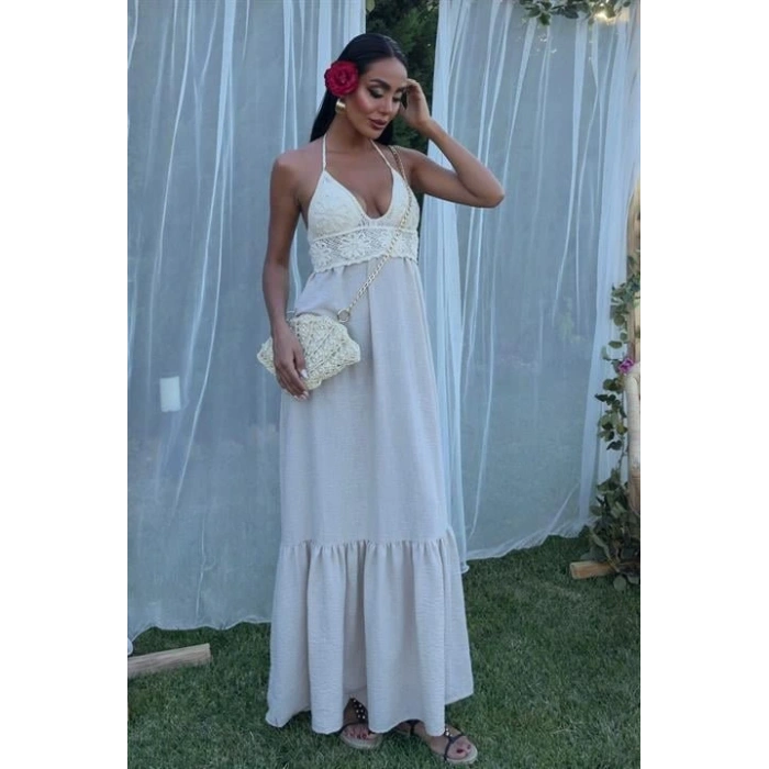 Göğsü Trikolu Keten Uzun Elbise 290408