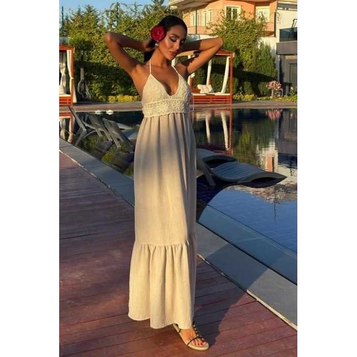 Göğsü Trikolu Keten Uzun Elbise 290408