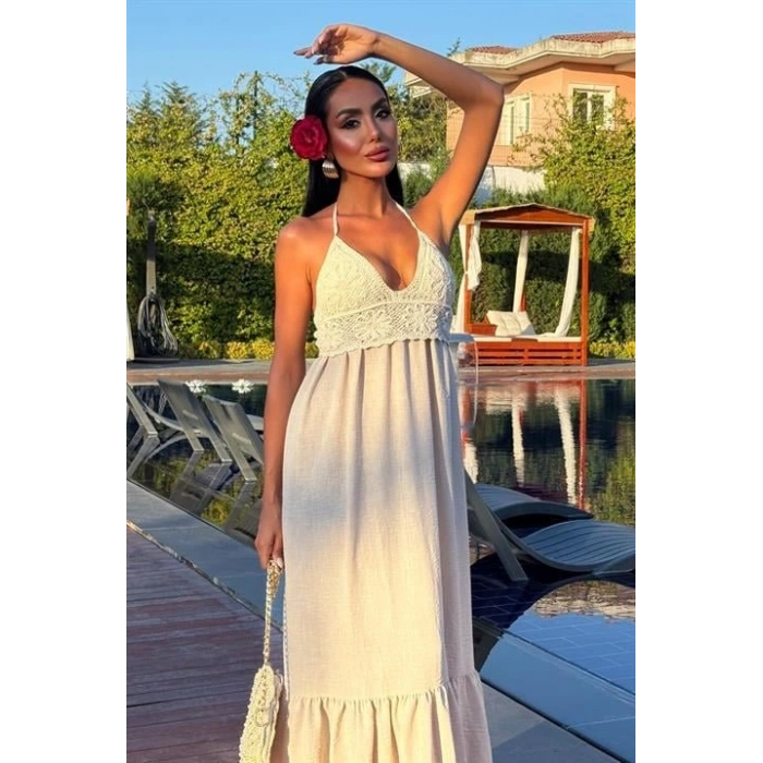 Göğsü Trikolu Keten Uzun Elbise 290408