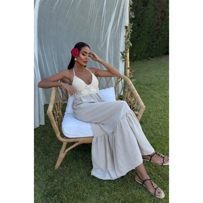 Göğsü Trikolu Keten Uzun Elbise 290408