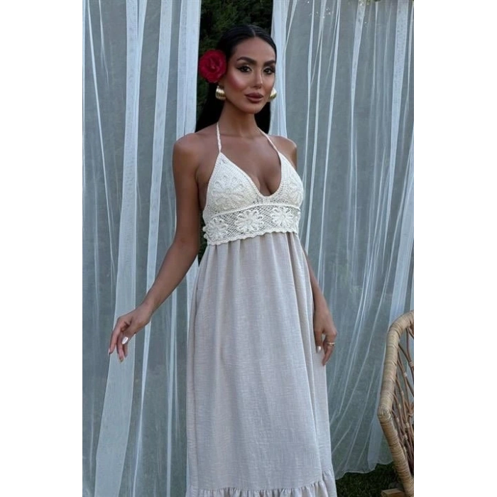 Göğsü Trikolu Keten Uzun Elbise 290408