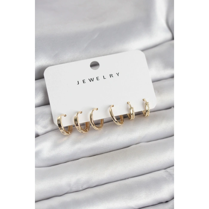 Gold Renk Pirinç 3 Çift Kadın Küpe Seti