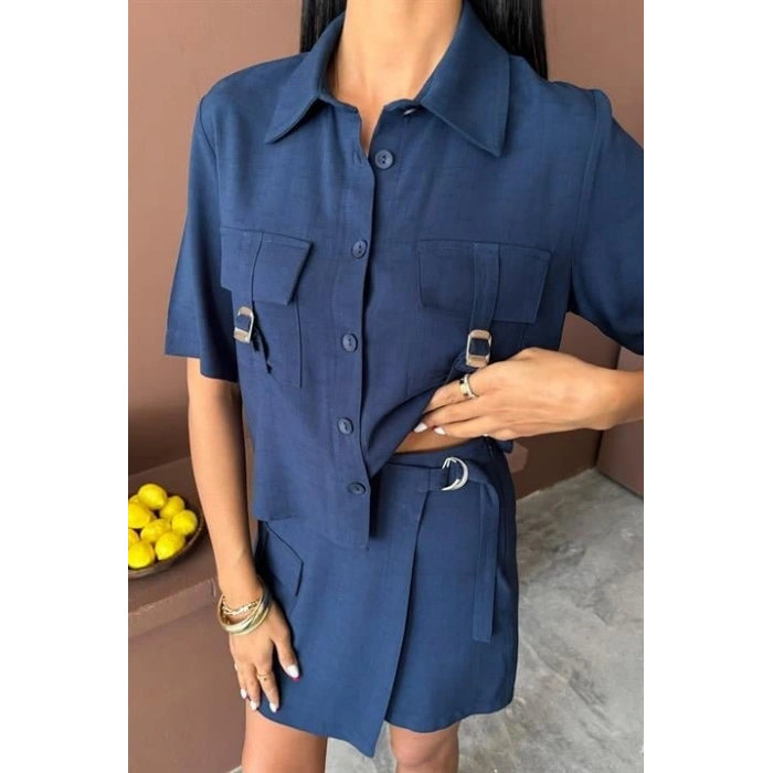 Gömlek Şort Etek Viscon Keten Takım 10162