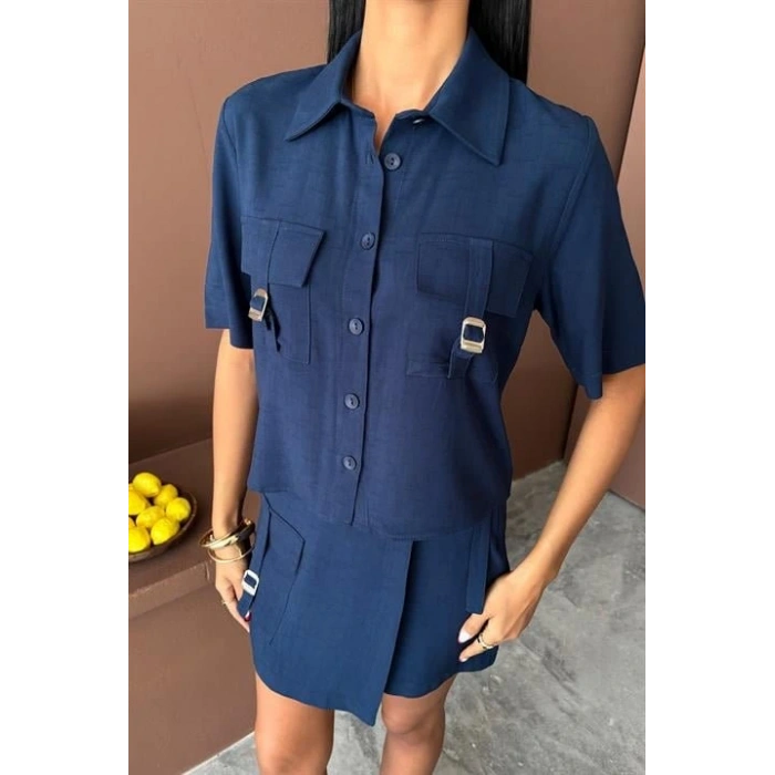 Gömlek Şort Etek Viscon Keten Takım 10162