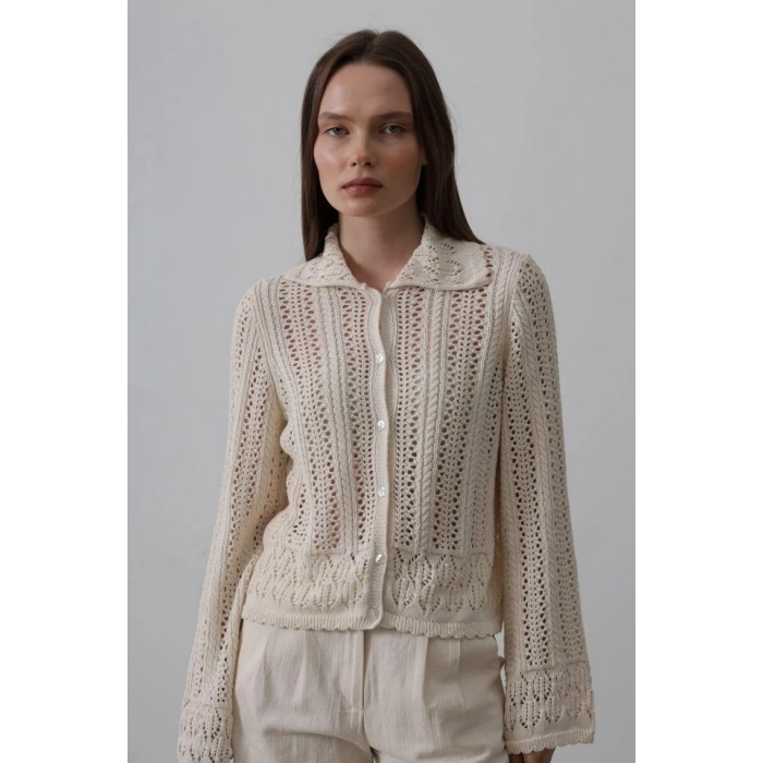 Gömlek Yaka Uzun Kol Triko  Ekru