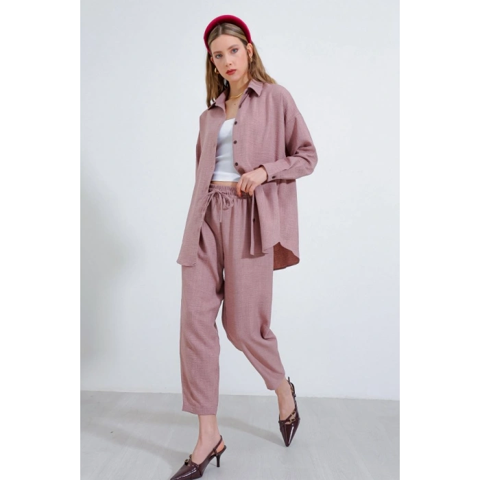 Gül Kurusu Oversize Keten Alt Üst Takım 6622