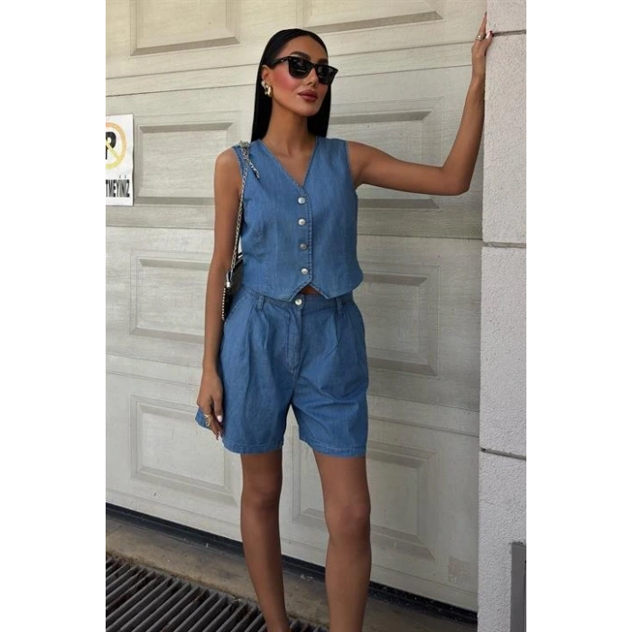 Gümüş Düğmeli Yelek Ve Şort Tensel Takım 10174