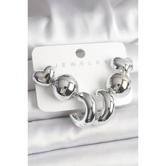 Gümüş Renk Kalp Halka Figür CCB Plastik Kadın Küpe Seti