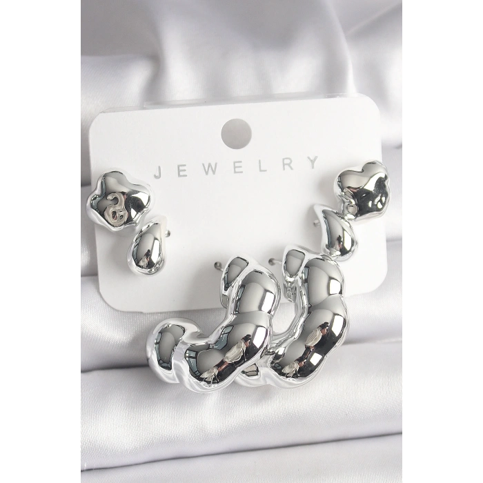 Gümüş Renk Yonca Damla Halka Model CCB Plastik Kadın Küpe Seti