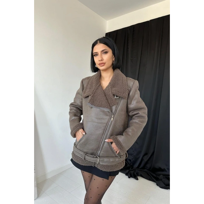 Haki Apoletli Kürklü Ceket