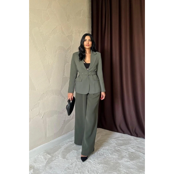 Haki Cep Kapaklı Ve Kemerli Ceket