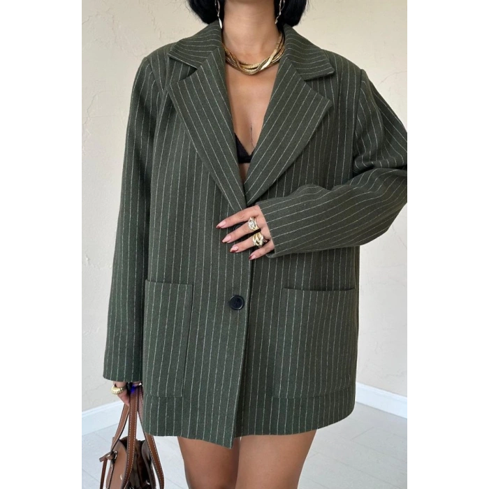 Haki Çizgili Oversize Ceket