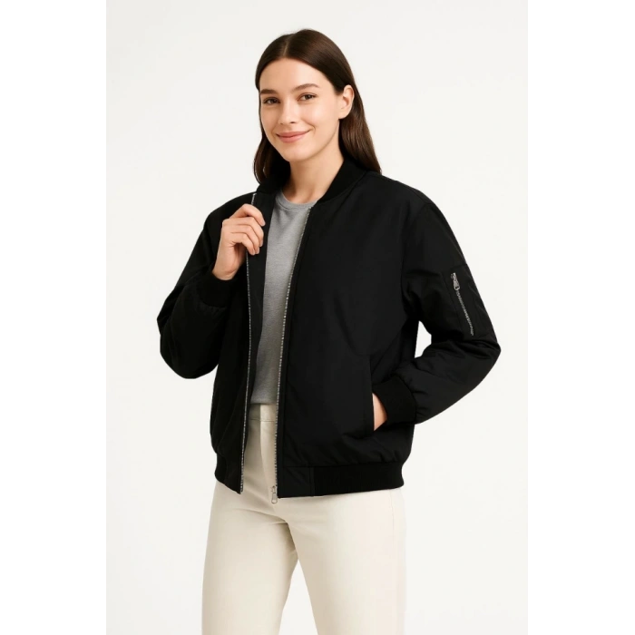 Içi Astarlı Fermuarlı Bomber ont Ceket  iyah