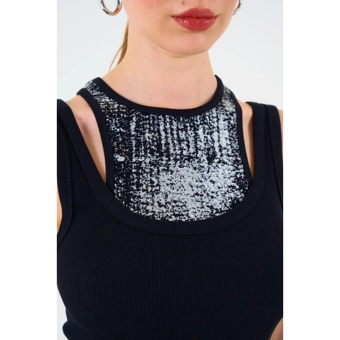 İçi Baskılı Halter Yaka Kaşkorse Atlet  iyah