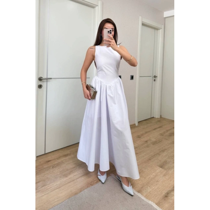 ifir Kol Beli Oturtmalı Kolsuz Uzun Elbise  Beyaz