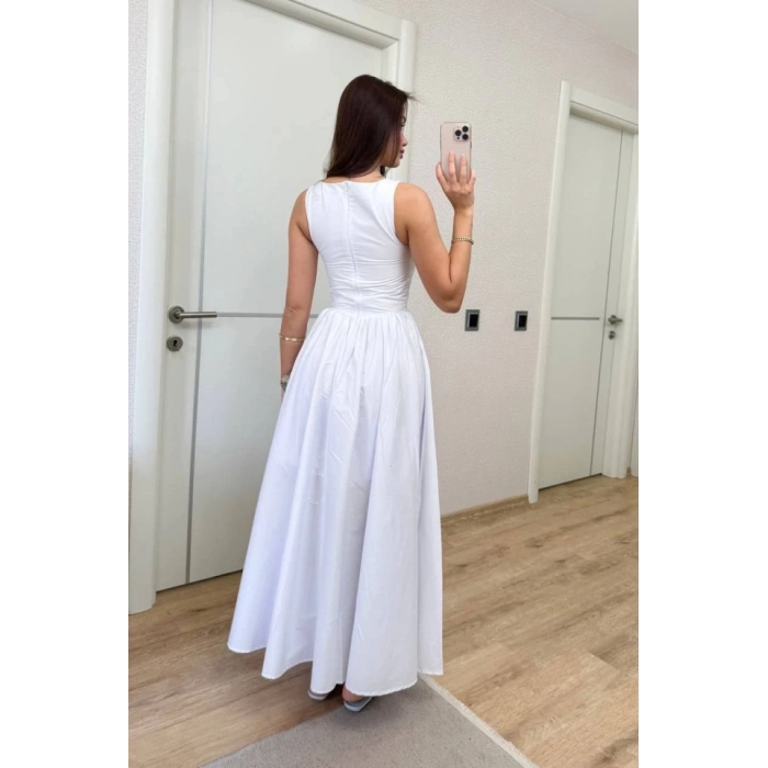 ifir Kol Beli Oturtmalı Kolsuz Uzun Elbise  Beyaz