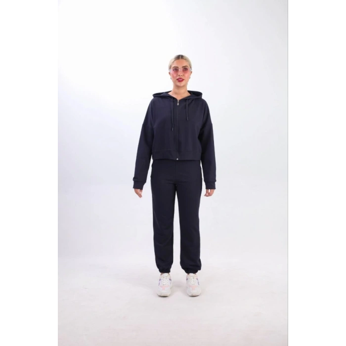 Iki Iplik Kapüşonlu Fermuarlı Crop Oversize Hırka Takım acivert