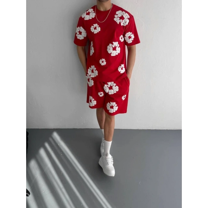 İki İplik Kumaş Baskılı Tshirt Şortlu Takım Kırmızı