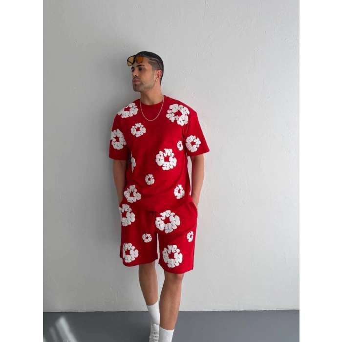 İki İplik Kumaş Baskılı Tshirt Şortlu Takım Kırmızı