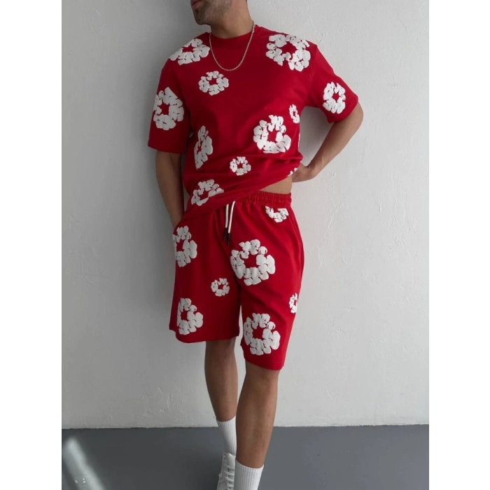 İki İplik Kumaş Baskılı Tshirt Şortlu Takım Kırmızı
