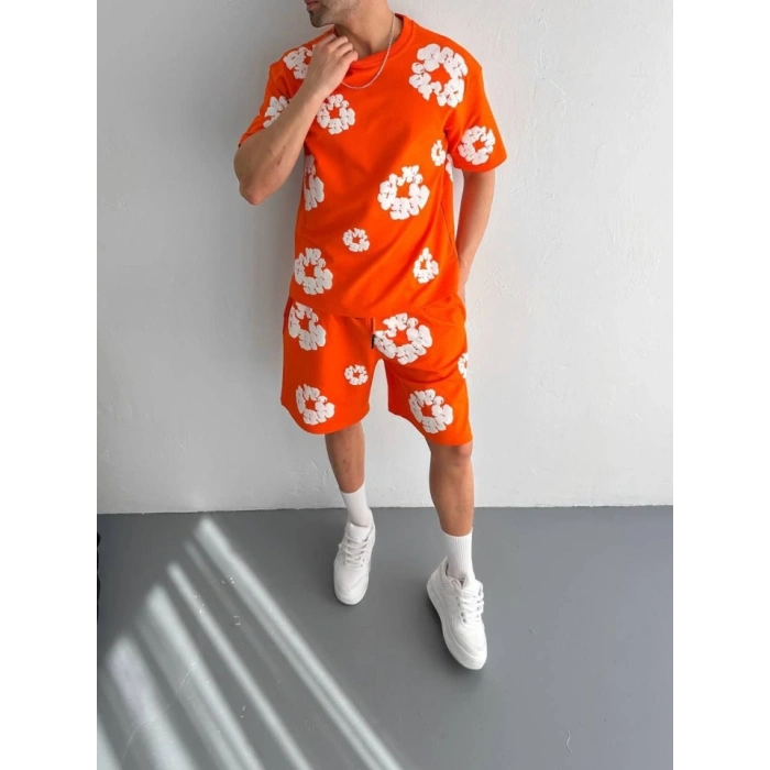 İki İplik Kumaş Baskılı Tshirt Şortlu Takım Turuncu