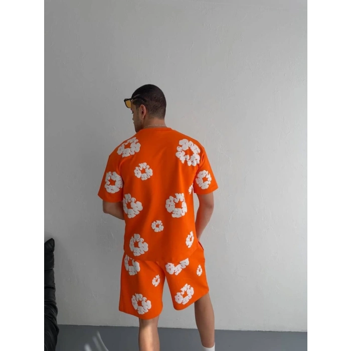 İki İplik Kumaş Baskılı Tshirt Şortlu Takım Turuncu