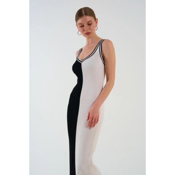 İki Renki Kolsuz Elbise  SiyahKrem