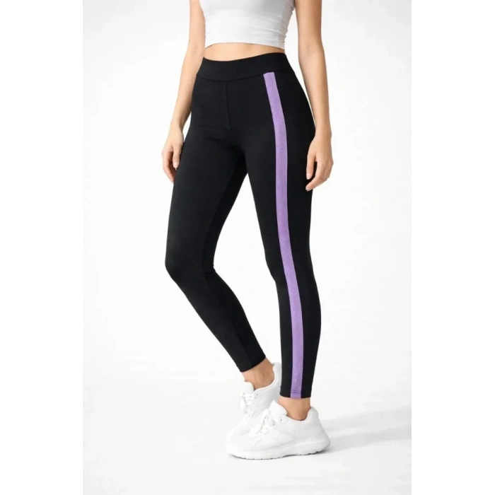 ikralı Yan ila Şeritli Detaylı Tayt  iyah