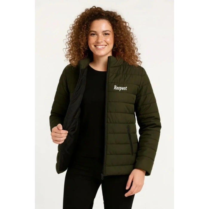 ikro u İtici Kapitone Baskılı Astarlı Fermuarlı Bomber ont  Haki