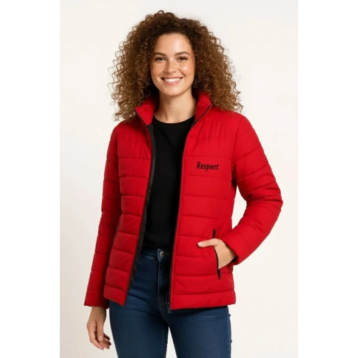 ikro u İtici Kapitone Baskılı Astarlı Fermuarlı Bomber ont  Kırmızı