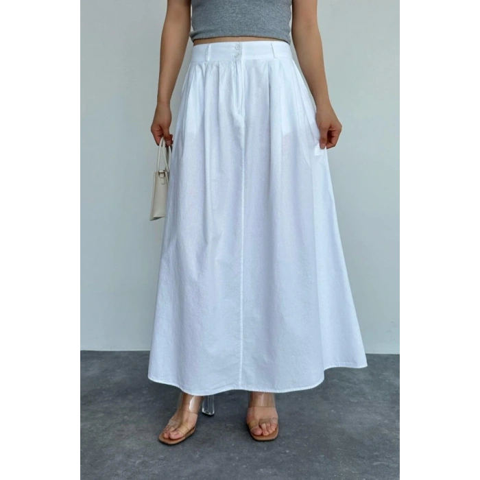 İnce Pileli Düz Etek  Beyaz