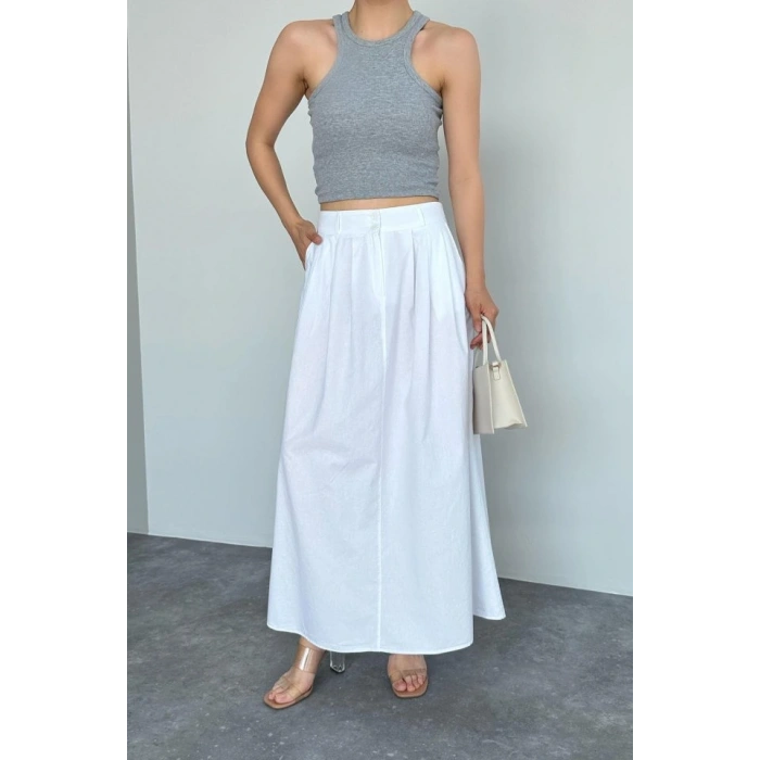 İnce Pileli Düz Etek  Beyaz