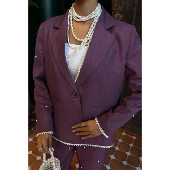 İnci Detaylı Ceket Pantolon Keten Takım 10124