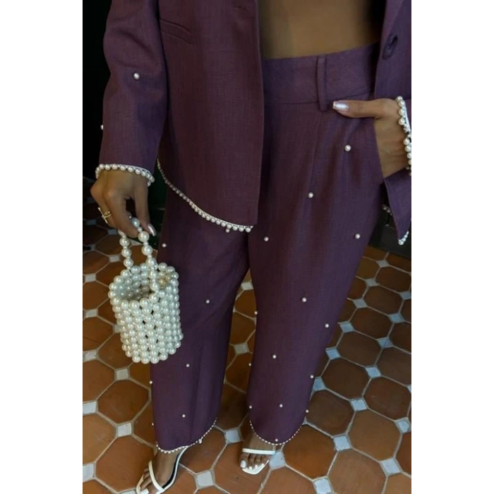 İnci Detaylı Ceket Pantolon Keten Takım 10124