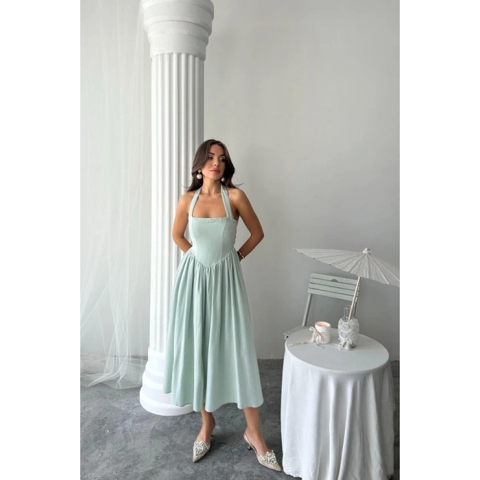 int Boyundan Bağlamalı Keten Elbise