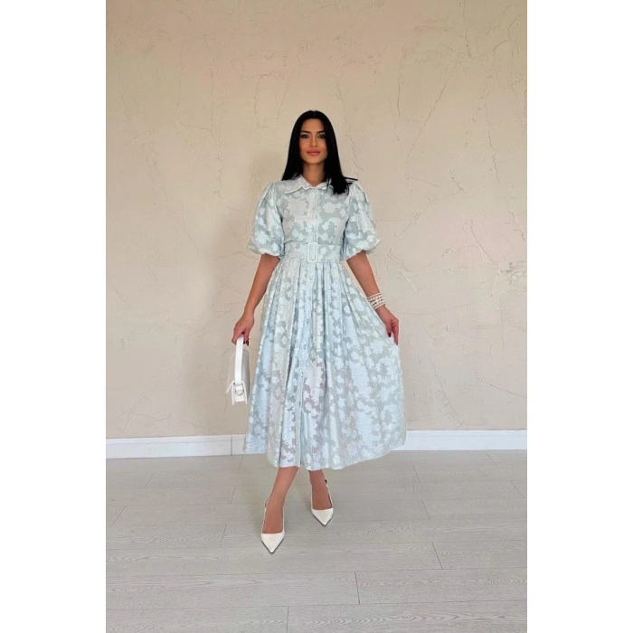 int Kemerli Balon Kollu Elbise