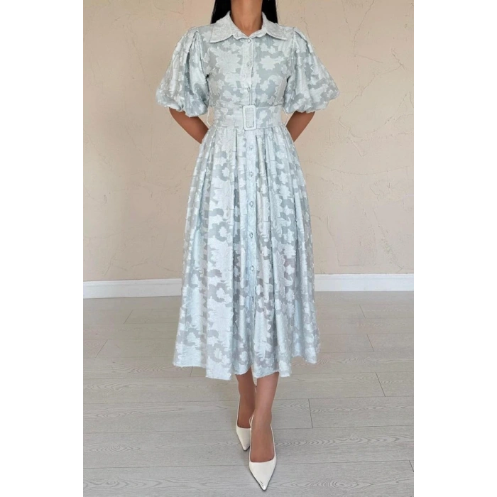 int Kemerli Balon Kollu Elbise