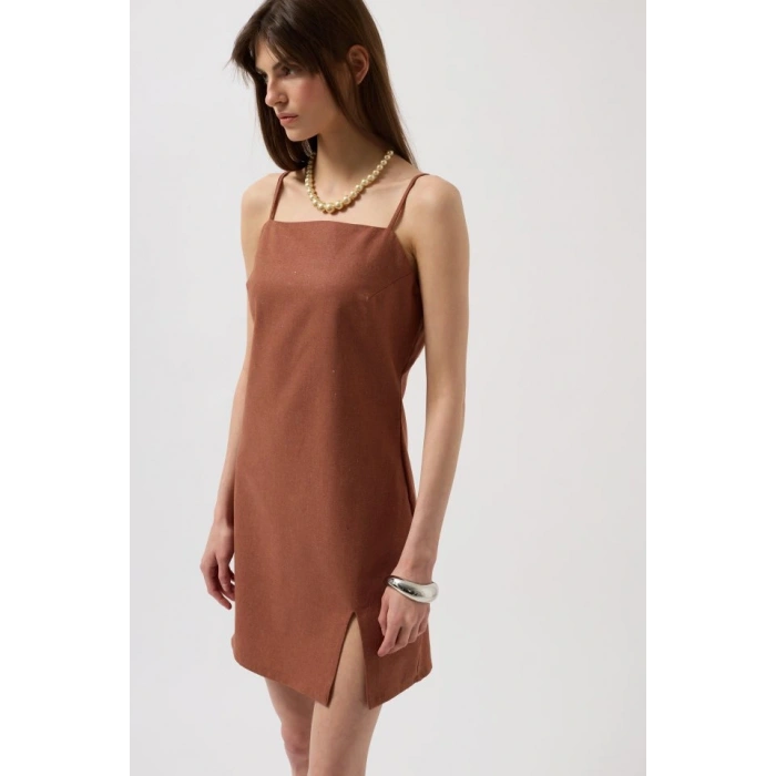 İp Askılı Yırtmaç Detay Keten ini Elbise