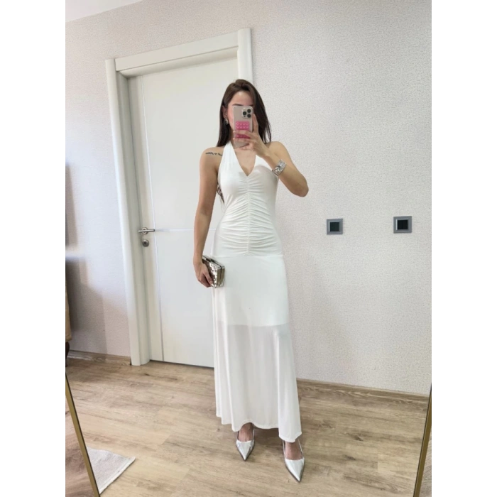 ırt Dekolteli Uzun Kollu Elbise  Beyaz