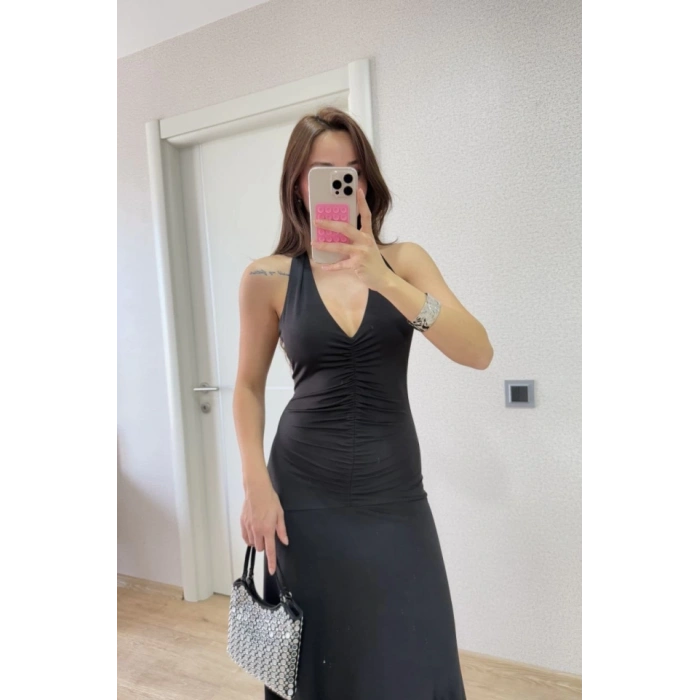 ırt Dekolteli Uzun Kollu Elbise  iyah