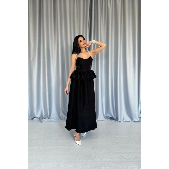 iyah Beli Büzgülü İnci Askılı Uzun Elbise