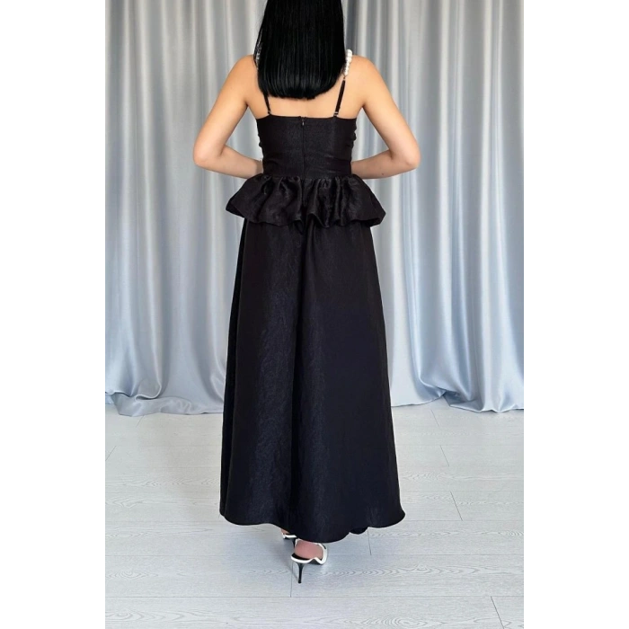 iyah Beli Büzgülü İnci Askılı Uzun Elbise