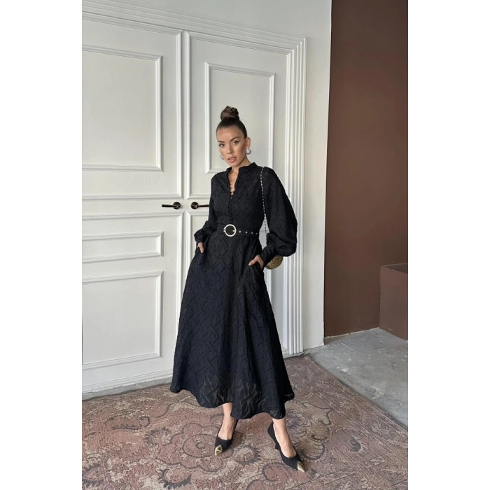 iyah Kemer Detaylı Uzun Elbise