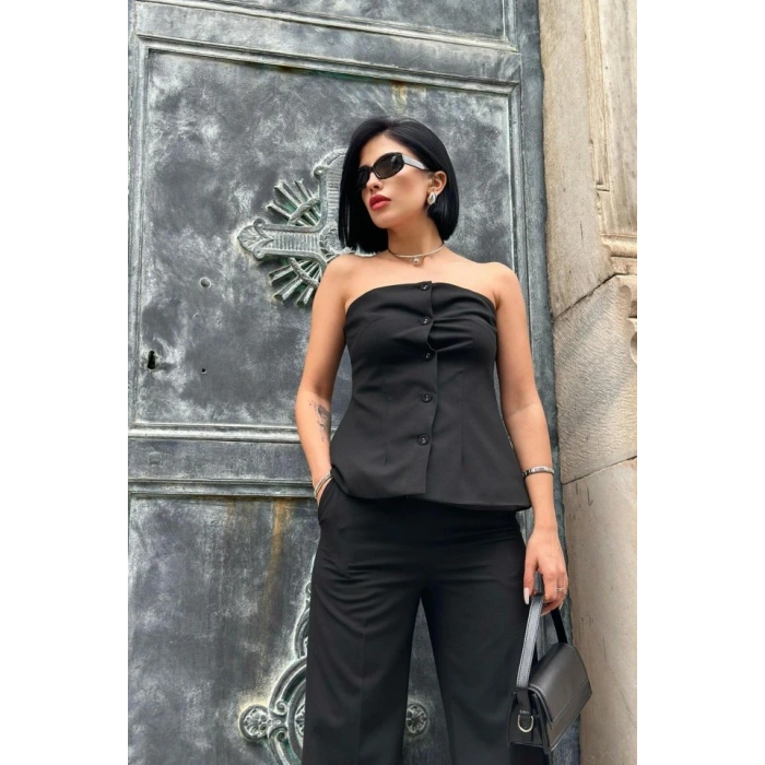 iyah traplez Düğmeli Crop Ve Pantolon Takım