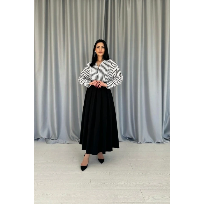 Siyah Uzun Pileli Etek