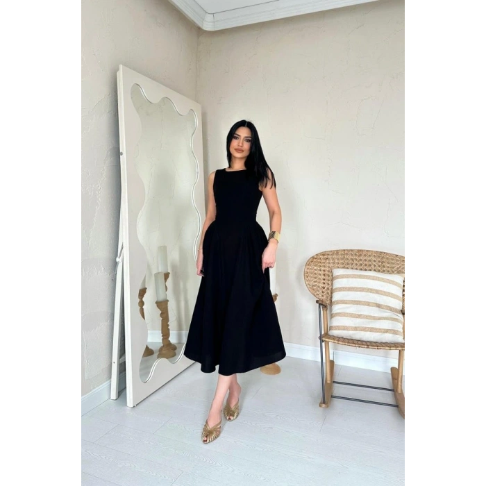 iyah Yanları Büzgülü idi Boy Keten Elbise