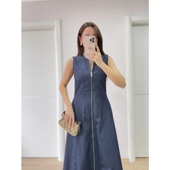 Jeans Kot Önü Tam Fermuarlı Uzun Elbise  avi